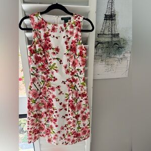 Lauren Ralph Lauren Cotton Dress with Cherry Blossom Print Pleasted Washable NEW